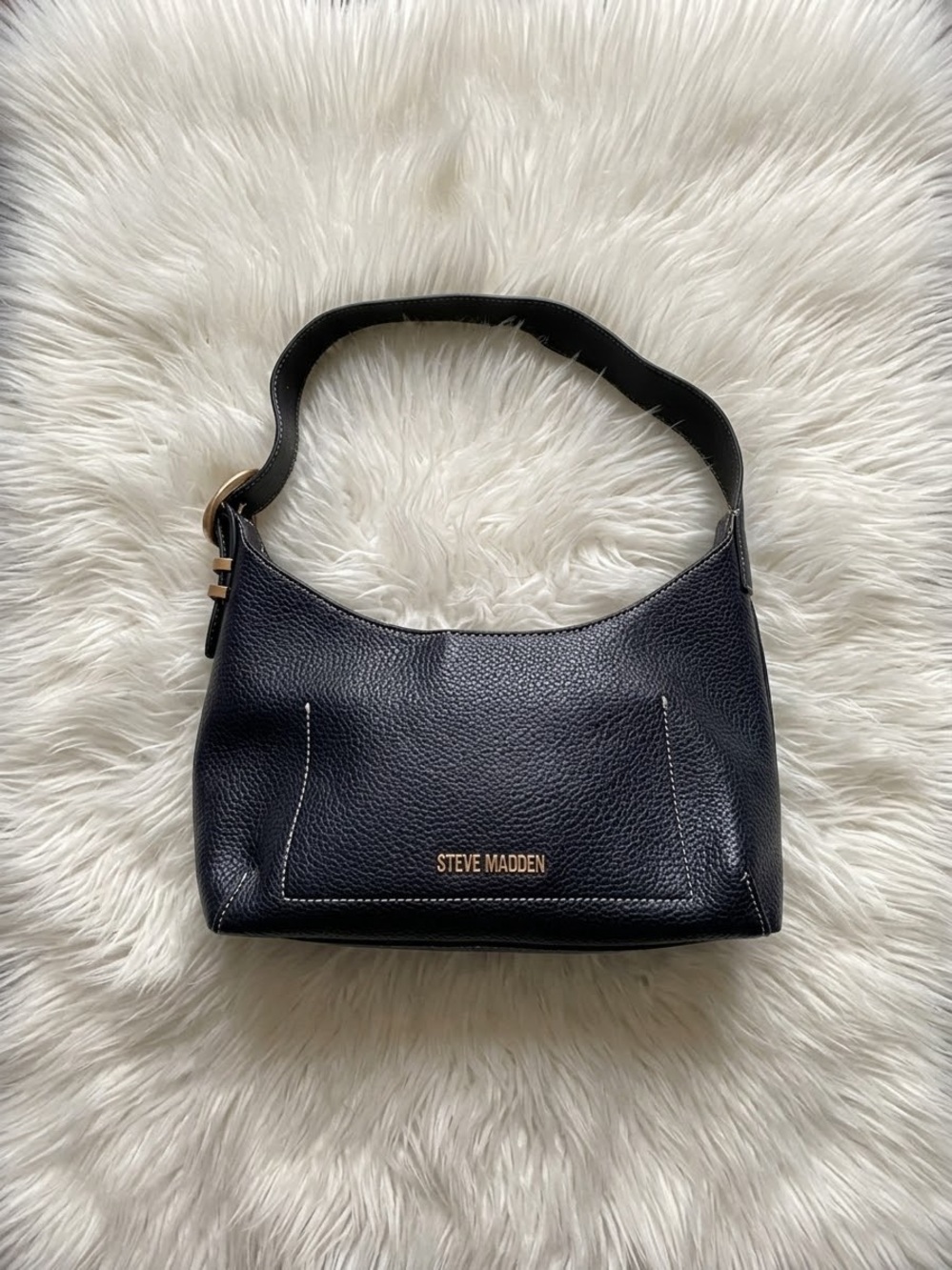 Steve Madden Black Pebbled Leather Shoulder Bag with Gold Logo
